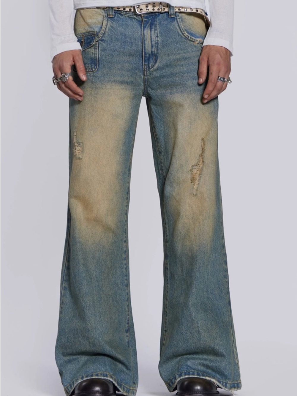 Jaded London Sand Wash Blaze Distressed Flare Jeans (26)